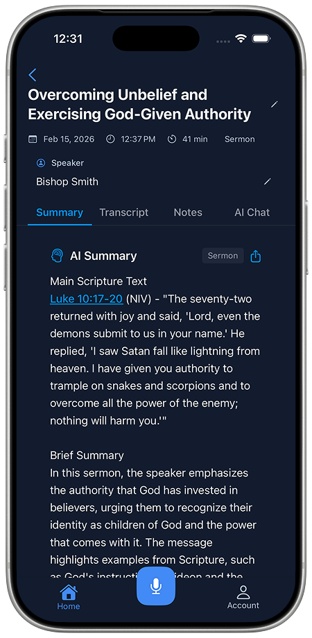 Tablet Notes app in dark mode showing AI-generated sermon summary