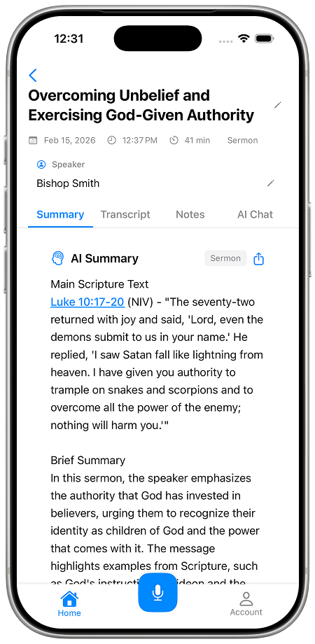Tablet Notes app in light mode showing AI-generated sermon summary