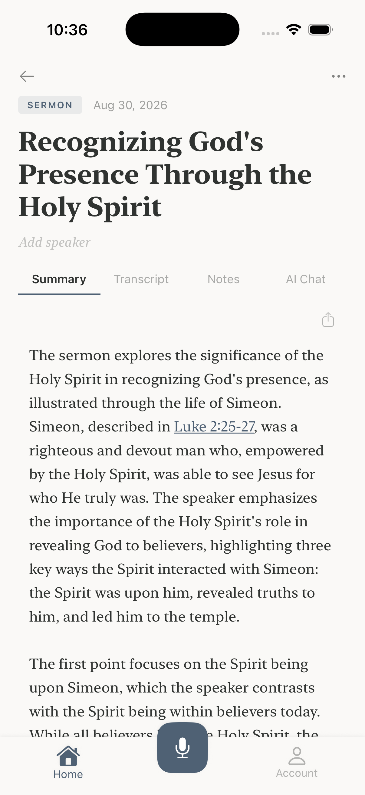 Tablet Notes sermon summary with a linked Scripture reference