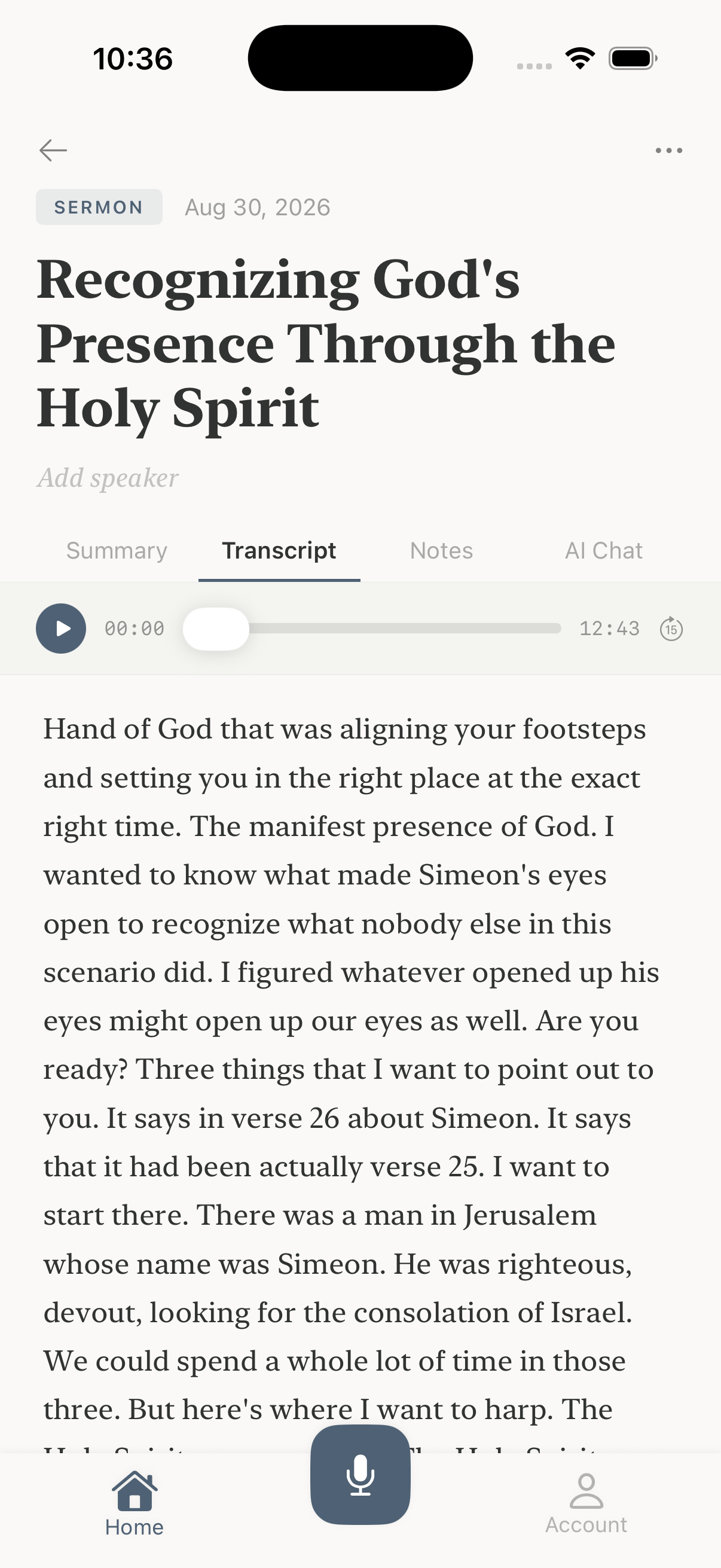 Sermon transcript with audio playback controls